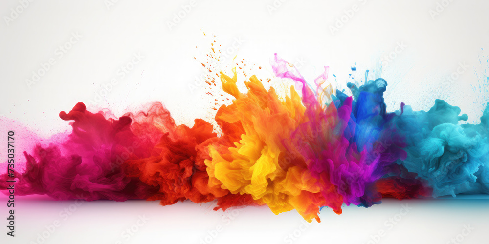 Color splash Holi powder on white wooden background. Banner. Mock up, colorful cloud or explosion for traditional indian festival.