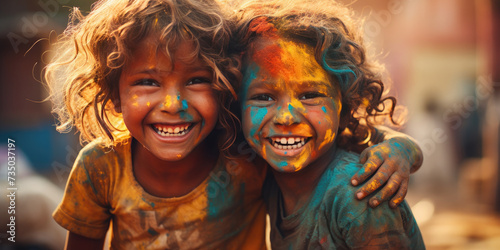 Happy children with colorful face enjoy at holi color festival