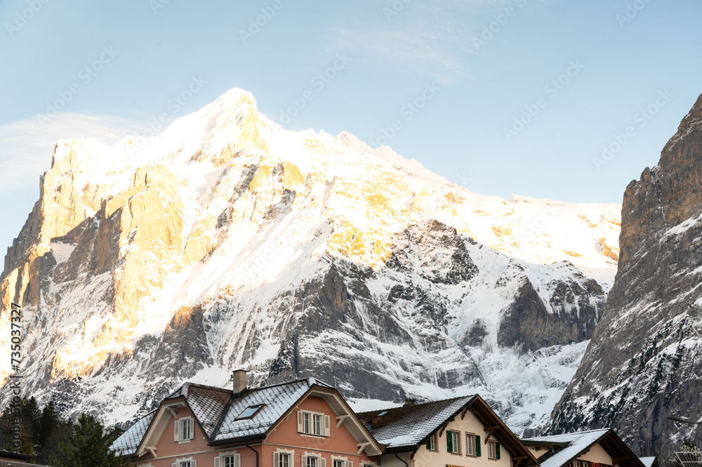 Hotels near the Grindelwald ski area on the mountain. Switzerland. View of the mountain Schreckhorn

