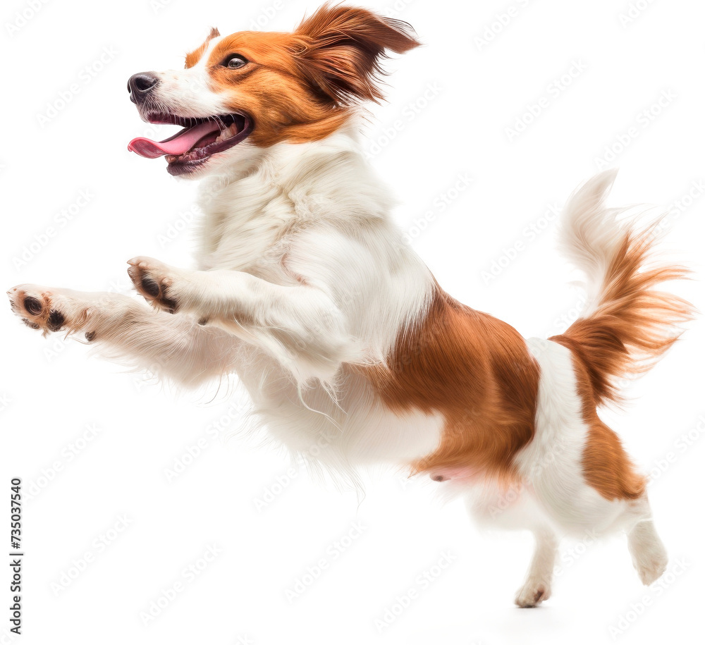 Brown and White Dog Jumping in the Air, Isolated on a Transparent Background