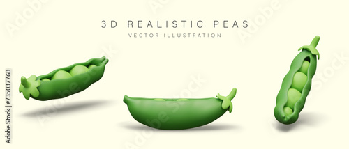 Open pod of green peas. Realistic image, front, side, angle view. Raw natural food