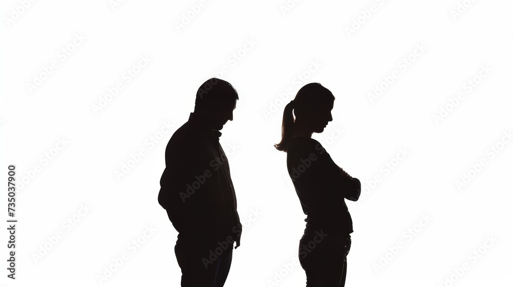 Silhouette of worried couple on white background