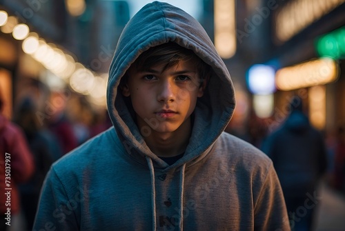 Portrait of mysterious boy in hoodie standing in public