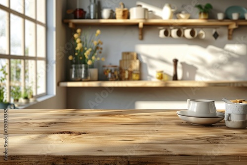Wallpaper Mural Empty wooden table with restaurant blur background. Generative AI Torontodigital.ca