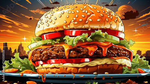 Paper tablecloths with the image of a burger in the style of pop art. Vintage color background. Generative AI