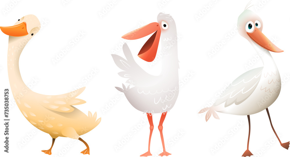 Obraz premium Cute birds isolated clipart for children. Goose, pelican and seagull, happy colorful birds characters for kids. Funny animals vector cartoon illustration. Clipart set in watercolor style.
