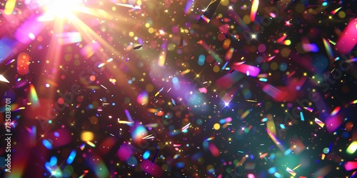 Multicolored light effects with a shiny crystal reflection and translucent overlays resembling falling confetti.