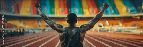 African-American male athlete celebrating victory on a track field with stadium seats in the background, symbolizing success and competition, with copy space