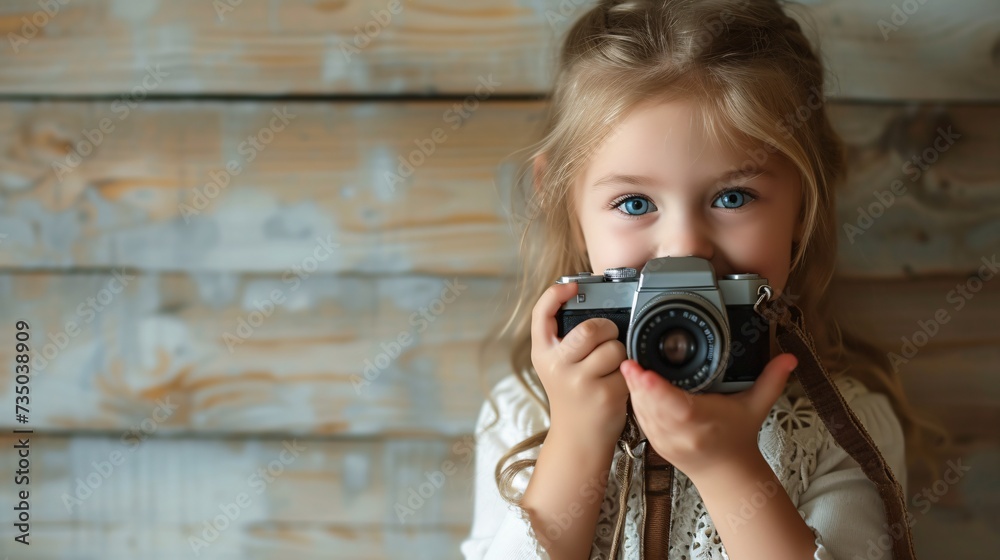 Young girl holding a camera.