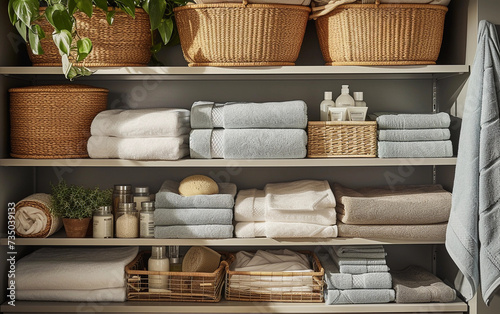 A photograph showcasing a shelf filled with various towels and baskets, creating a functional and organized storage display.