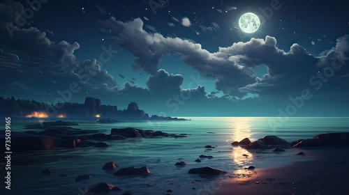 The magic of a romantic night by the sea with the full moon's glow, blending seamlessly into a surreal transition from day to night background Ai Generative © SK