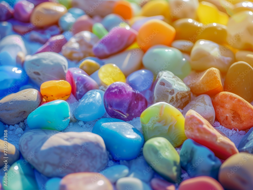 Colorful polished pebbles close-up.
Colorful polished pebbles close-up.