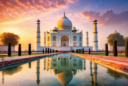 Sunrise at the Taj Mahal ethereal beauty, colorful sky by ai generated