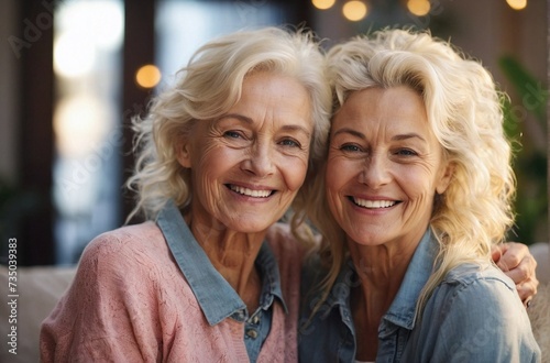 Portrait of two happy blonde elderly ladies posing at home, smiling at camera