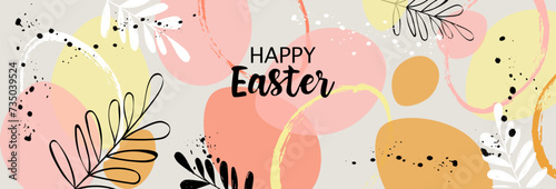 Vector Happy Easter banner Trendy Easter design, hand painted elements, silhouettes of eggs and leaves flowers in pastel colors. Modern flat minimalistic style. Horizontal poster, greeting card, heade © Alena