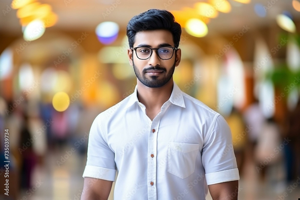 Fototapeta premium Confident Young Man in Busy Indoor Setting