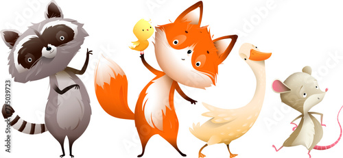 Cute baby animals collection isolated clipart for children. Raccoon fox goose and mouse, happy colorful animal characters for kids. Funny vector cartoon illustration clipart set.