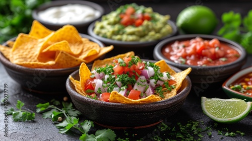 Savory yellow tortilla chips topped with a variety of dips including avocado, melted cheese, and a creamy white sauce, presented on a dark backdrop, representing a Mexican cuisine theme.