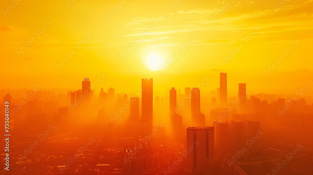 A breathtaking cityscape enveloped in a golden haze during sunrise, with the sun's rays piercing through the buildings.