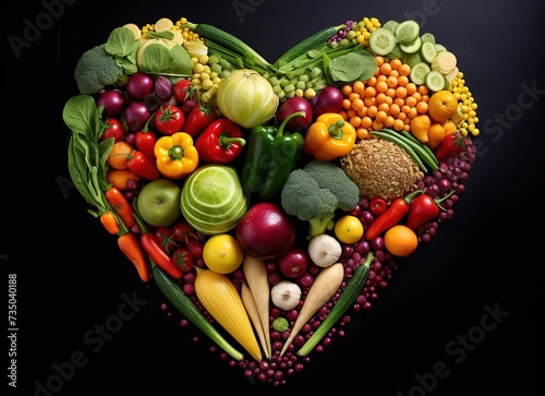 Heart made of many vegetables on a brown background