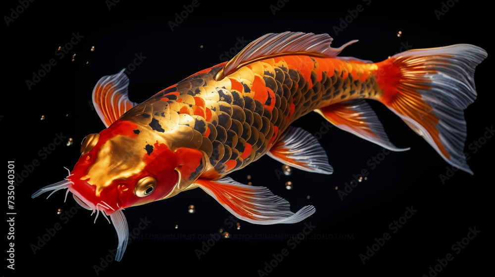 Koi fish gold color isolated on black background. AI Generative. Koi fish gold color isolated on black background. AI Generative.