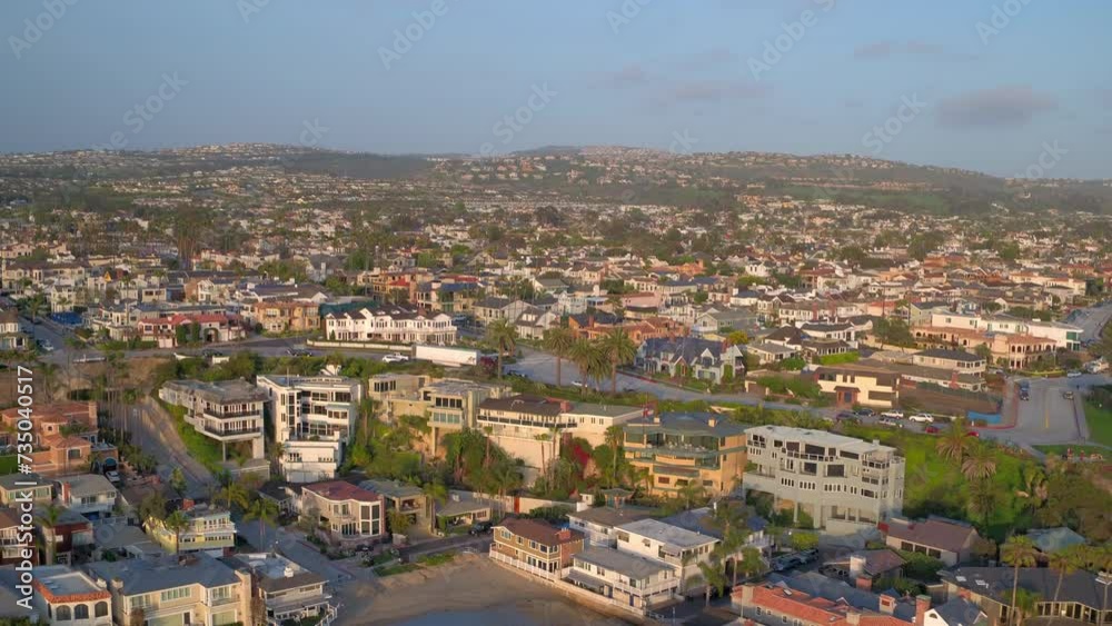 Aerial Scenic View Of Residential City By Sea, Drone Flying Backwards On Sunny Day - Newport Beach, California Aerial Scenic View Of Residential City By Sea, Drone Flying Backwards On Sunny Day - Newport Beach, California