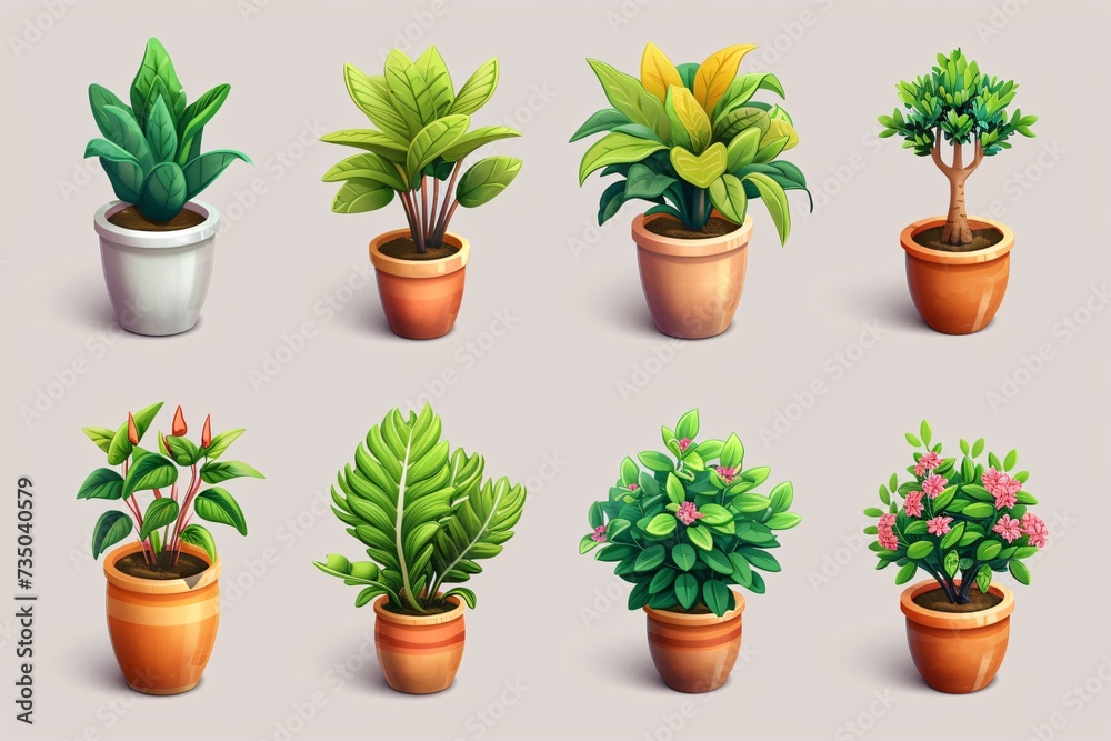 Assorted 3D cartoon icons of potted plants and trees. Assorted 3D cartoon icons of potted plants and trees.