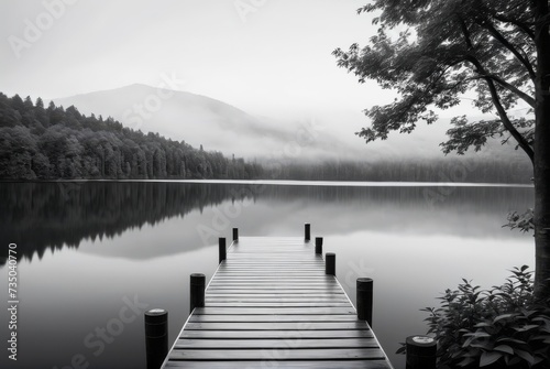 Tranquil lake dock embraced by verdant bushes. Grayscale contrasts 