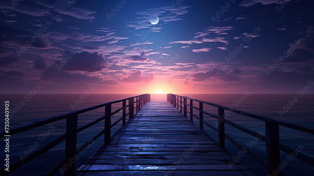Fototapeta premium A moonlit night over the sea, a unique and artistic journey from sunset hues to the tranquil beauty of the night background Ai Generative