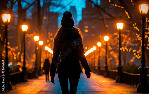 A multiracial woman confidently walks down a street at night, surrounded by the glow of streetlights and buildings.
