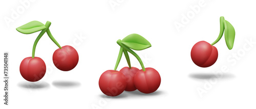 Set of ripe cherries with green leaves. One berry, pair and bunch