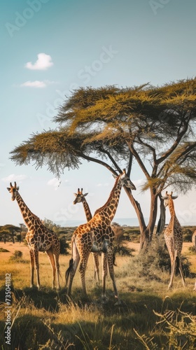 Tranquil Giraffes peacefully grazing in the African Savannah AI Generated © AnimalAI