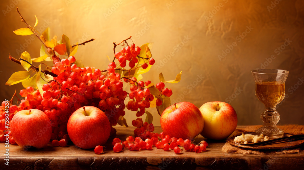 A still life harvest of apples and berries beside a wine glass, arrayed on aged wood, captures the essence of fall's bounty, exuding warmth, nostalgia, and the comfort of tradition. A still life harvest of apples and berries beside a wine glass, arrayed on aged wood, captures the essence of fall's bounty, exuding warmth, nostalgia, and the comfort of tradition.