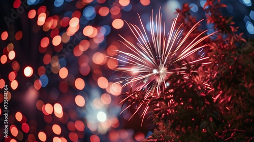 Vivid red, ivory, and cobalt explosions illuminate the darkened atmosphere in a nationalistic revelry for either New Year's or the Fourth of July, with a limited focal range. photo