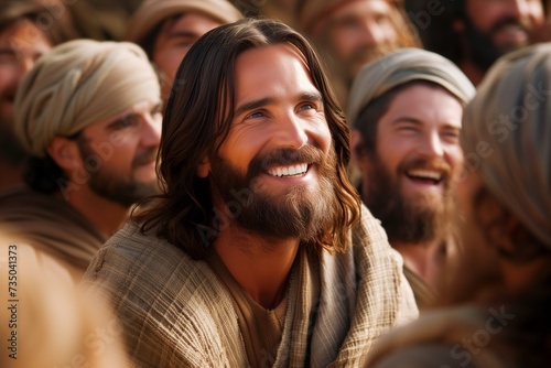 A smiling Jesus Christ among his followers of the apostles photo