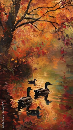 Colorful Autumn Foliage Surrounding Serene Pond with Graceful Ducks AI Generated