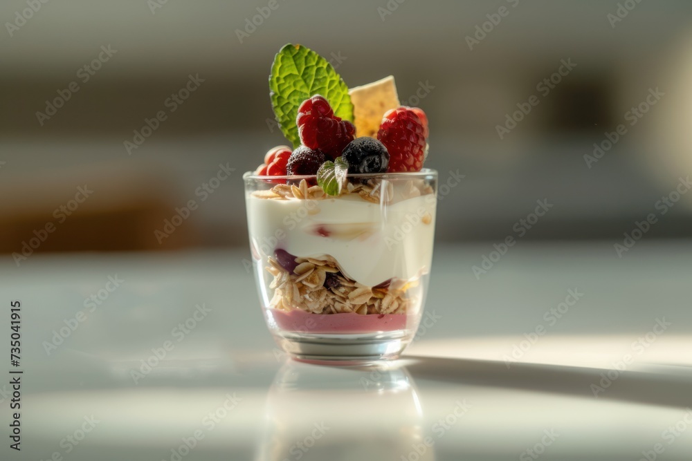 Mixed yogurt muesli and berries served in a small glass Mixed yogurt muesli and berries served in a small glass