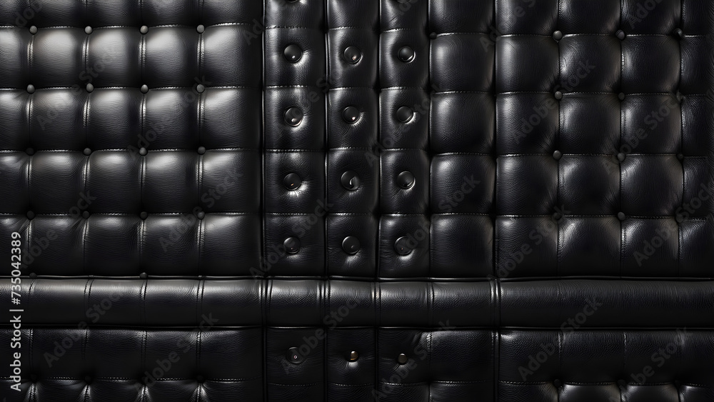 Fototapeta premium A horizontal elegant black leather texture adorned with buttons, creating a sophisticated and luxurious pattern suitable for a wallpaper in an ultra theme.