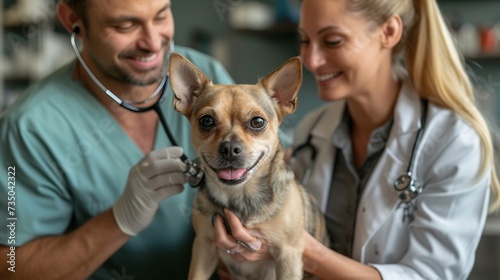 Veterinarian uses a stethoscope to check the heart of a small, alert dog in a hospital setting.