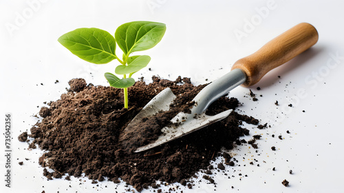 Young plant sprouting in rich soil next to a gardening trowel photo