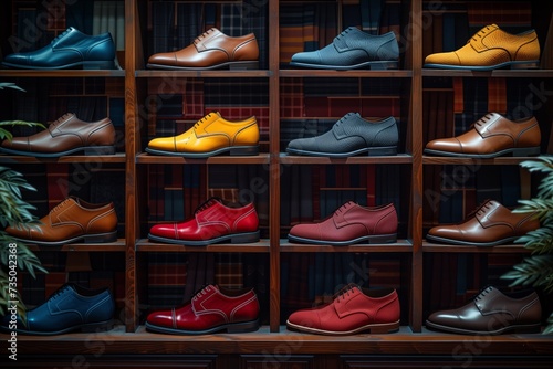 Shelving unit featuring an array of colorful shoes on display