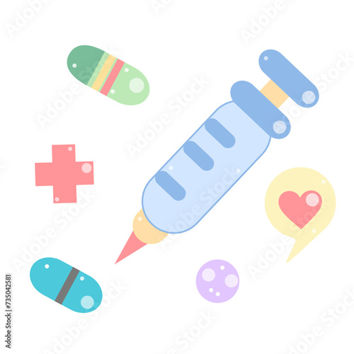 medical icons set Syring with needle, Pencil flat icon with long shadow, speech bubble, 