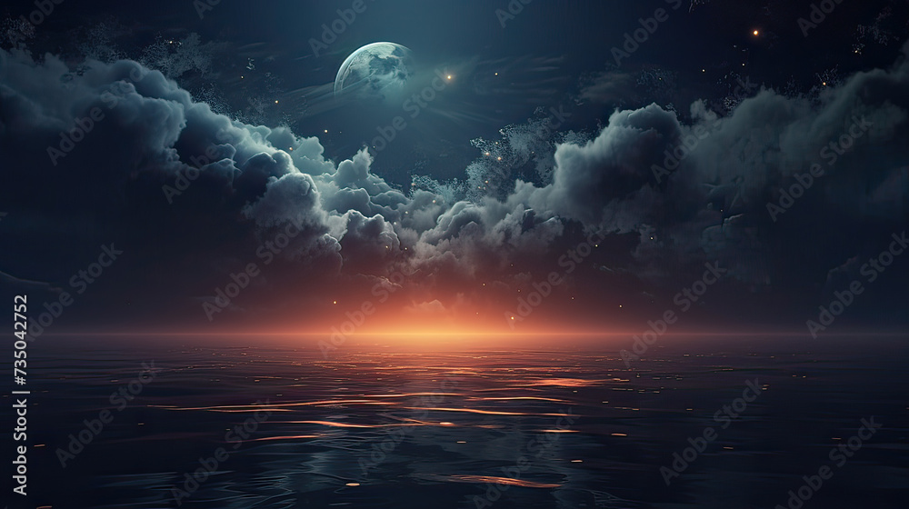 A moonlit night over the sea, a unique and artistic journey from sunset hues to the tranquil beauty of the night background Ai Generative