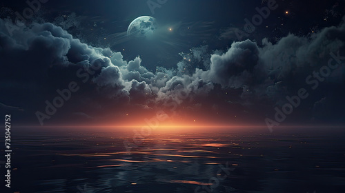 A moonlit night over the sea, a unique and artistic journey from sunset hues to the tranquil beauty of the night background Ai Generative © SK