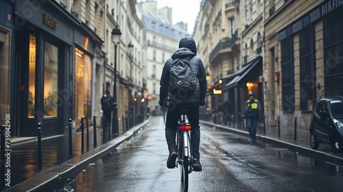 Fototapeta Naklejka Na Ścianę i Meble -  Mysterious man biking through the streets of Paris, France.