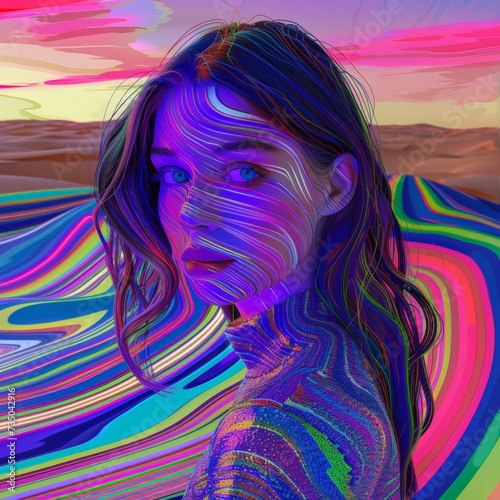 Hyperintense Colorblast Woman Face Background - Supermodel Girl Neon Overload Face with Vibrant and Swirling Energy Vitality Lines Representing the Landscape created with Generative AI Technology