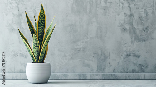 a Snake plant in a modern white ceramic pot or vase in front of the gray wall background with natural sunlight. minimalist interior houseplant. Copy space. Sansevieria plant.  photo
