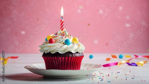 An image of a delicious birthday cupcake placed on a table against a light-colored background  creating a delightful and celebratory atmosphere suitable for an ultra theme wallpaper.
