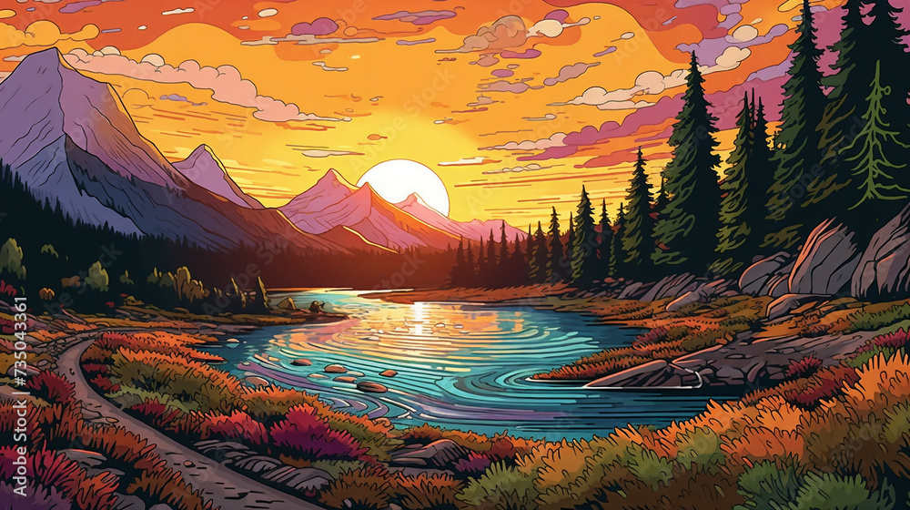 a painting of a sunset over a mountain lake with a forest and mountains in the background and a river running through it, generative ai