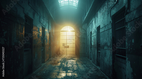 A dimly lit hallway with a barred door leading to a jail cell
